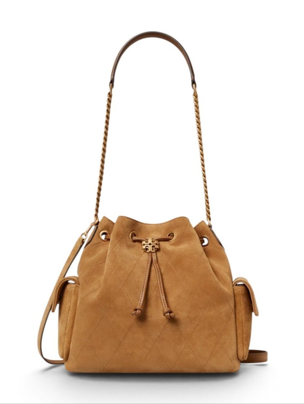 Tory Burch Charli QUIlted Suede Drawstring Bucket Bag in Tan